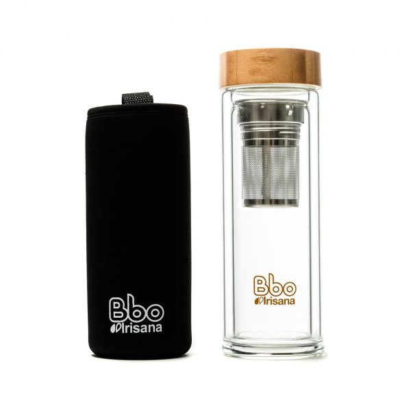 Infusionador Bbo doble pared de vidrio con tapón de bambú y funda de neopreno 400 ml. Irisana - Imagen 2